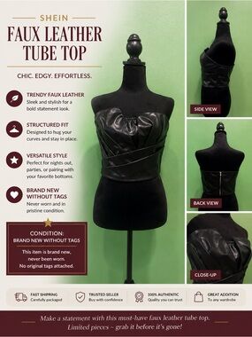 SHEIN Black Faux Leather Strapless Tube Top | Wrap Front Bustier Crop Top Medium